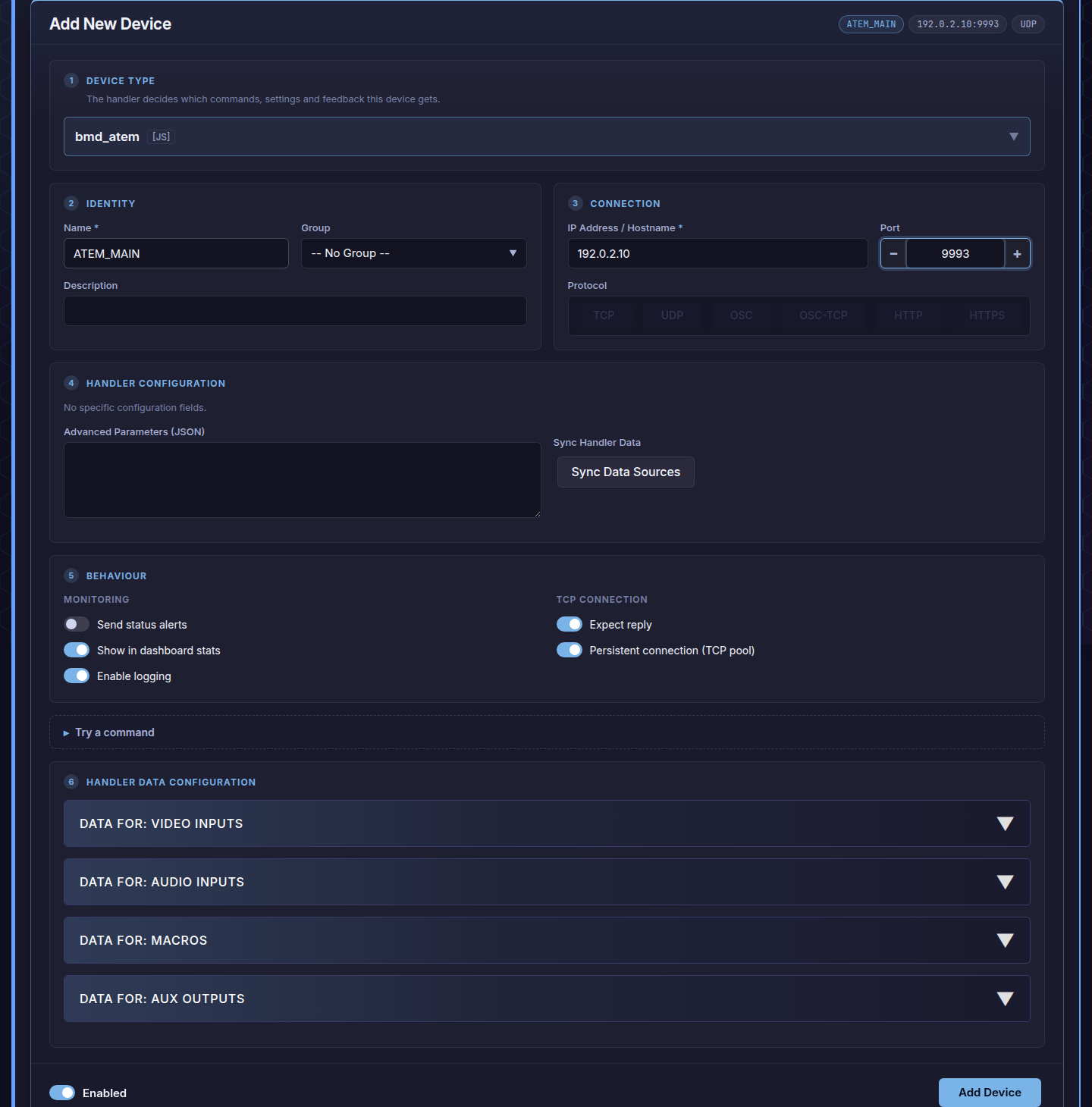 Fantago Add New Device form configured for a Blackmagic ATEM switcher