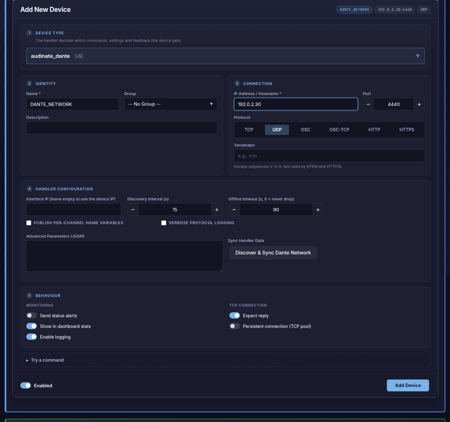 Fantago Add New Device form configured for an Audinate Dante network