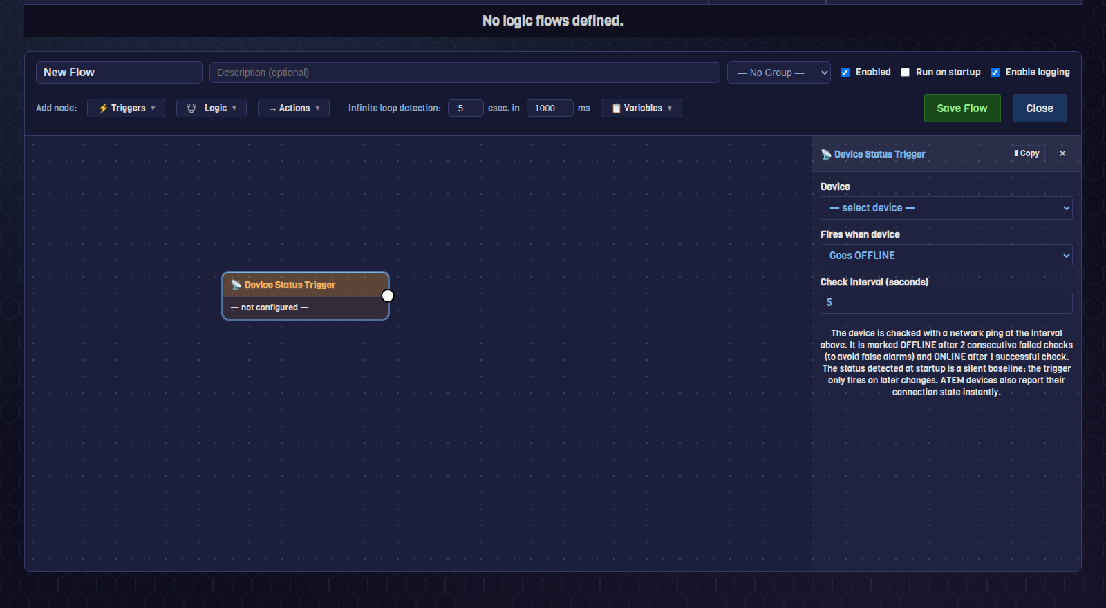 Device Status Trigger node configuration panel in the Logic Builder, with the note about ATEM instant reporting