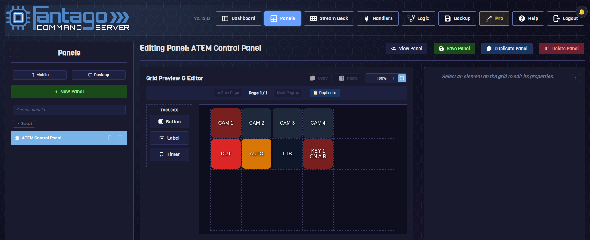 Panel Builder showing the ATEM camera and transition buttons mid-edit