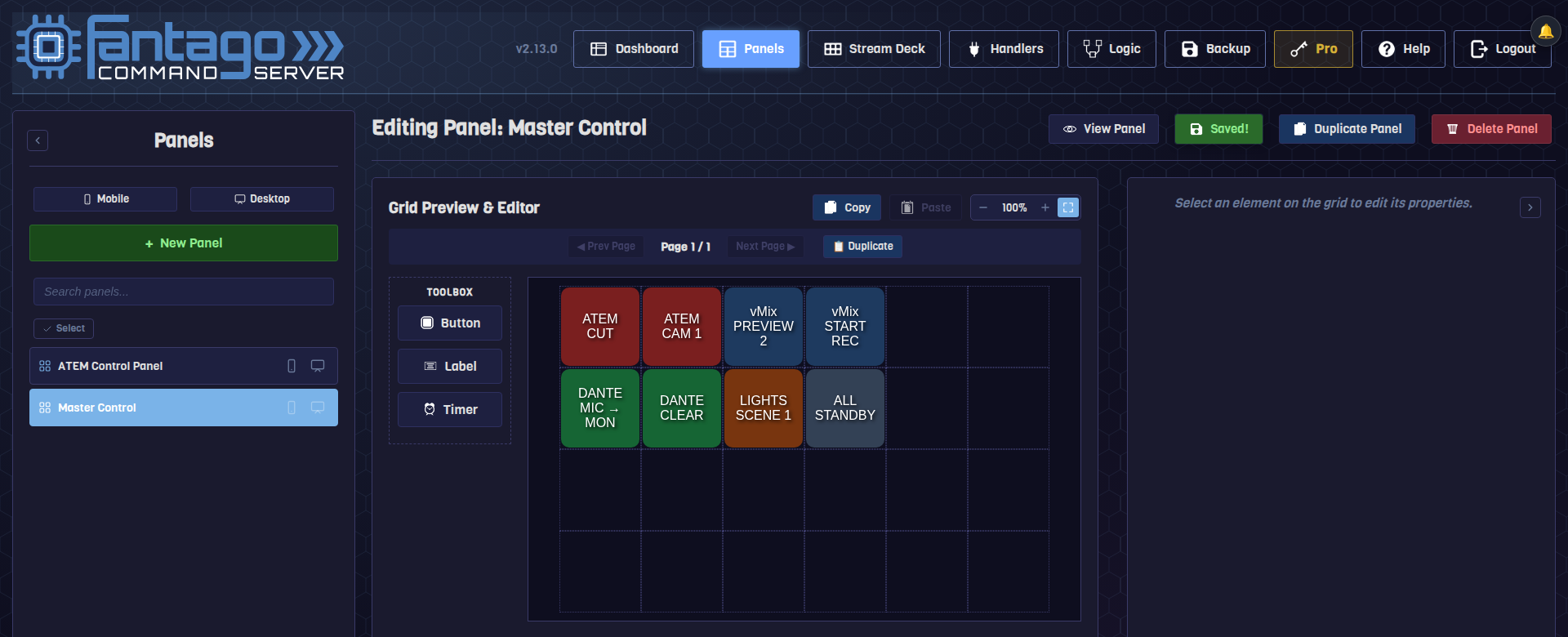 Panel Builder showing buttons for ATEM, vMix, Dante and lighting on the same grid