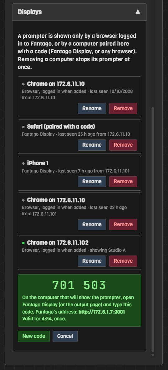 The Displays section of the Prompter page: a list of paired computers with Rename and Remove buttons, and a six-digit pairing code