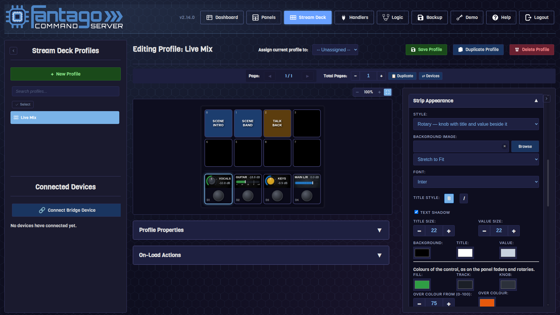 Stream Deck Builder with the first dial selected and its Strip Appearance section open: Style, background image, font, sizes and colours