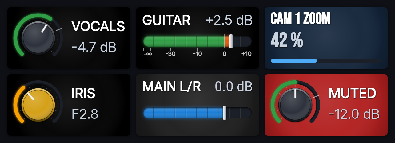 Six examples of Stream Deck + strip segments: rotary knobs, horizontal faders with a dB scale, a large text value and a red muted state