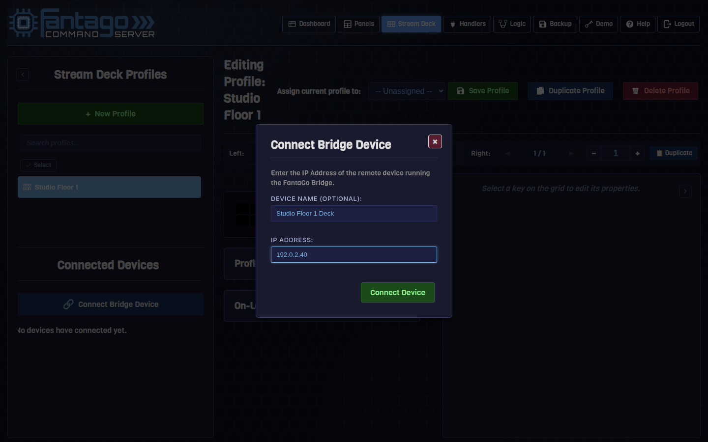 Connect Bridge Device modal filled in with an IP address for a Stream Deck Studio