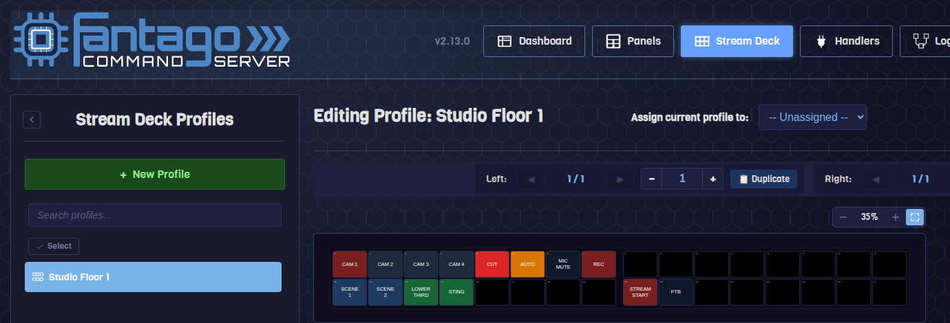 Stream Deck Studio profile editor with colour-coded keys across the split 16x2 grid