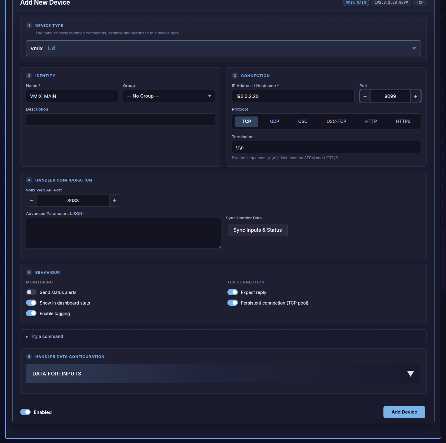 Fantago Add New Device form configured for vMix