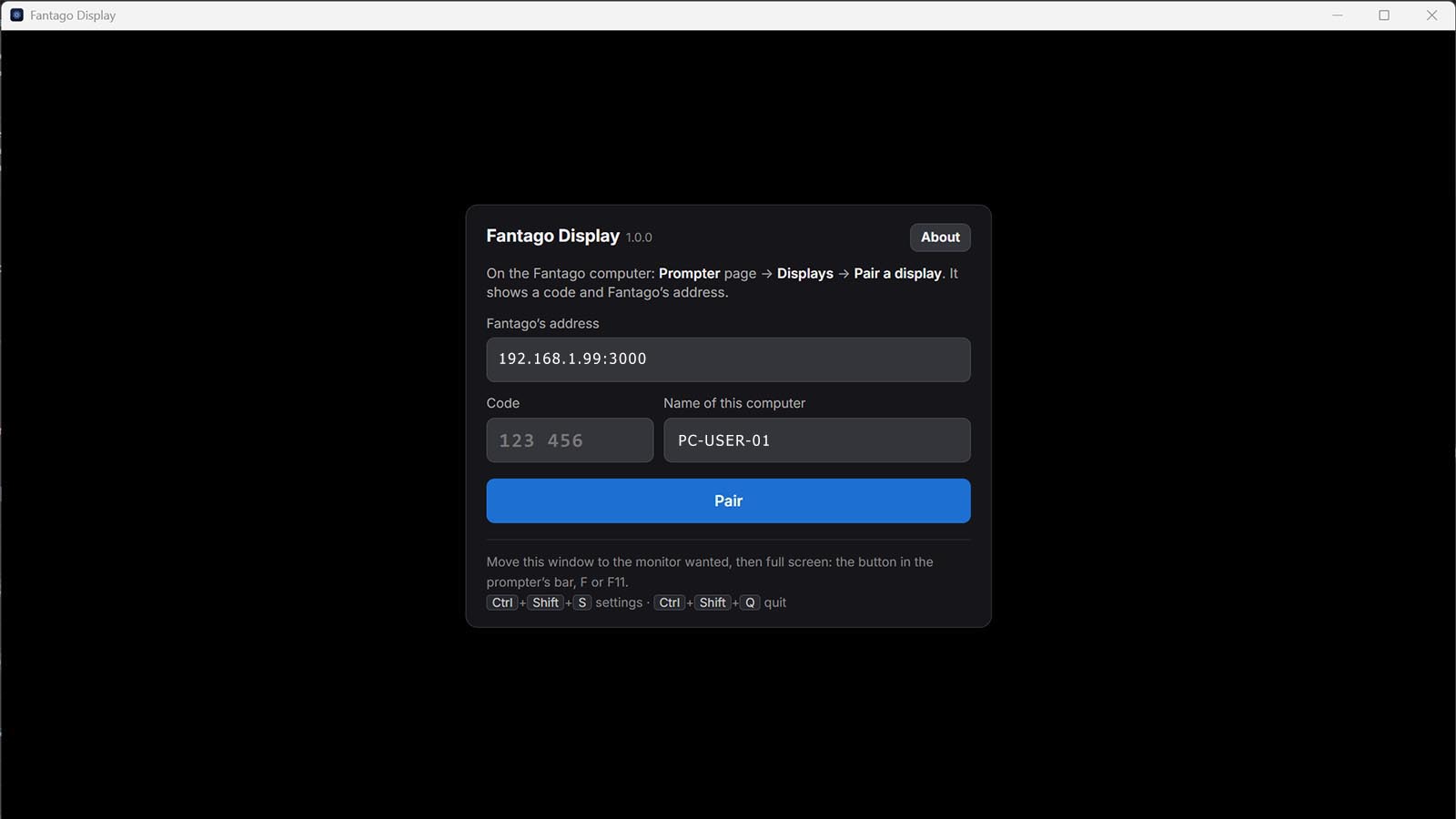 The Fantago Display pairing window: the address of Fantago, a six-digit code, a name for the computer and a Pair button