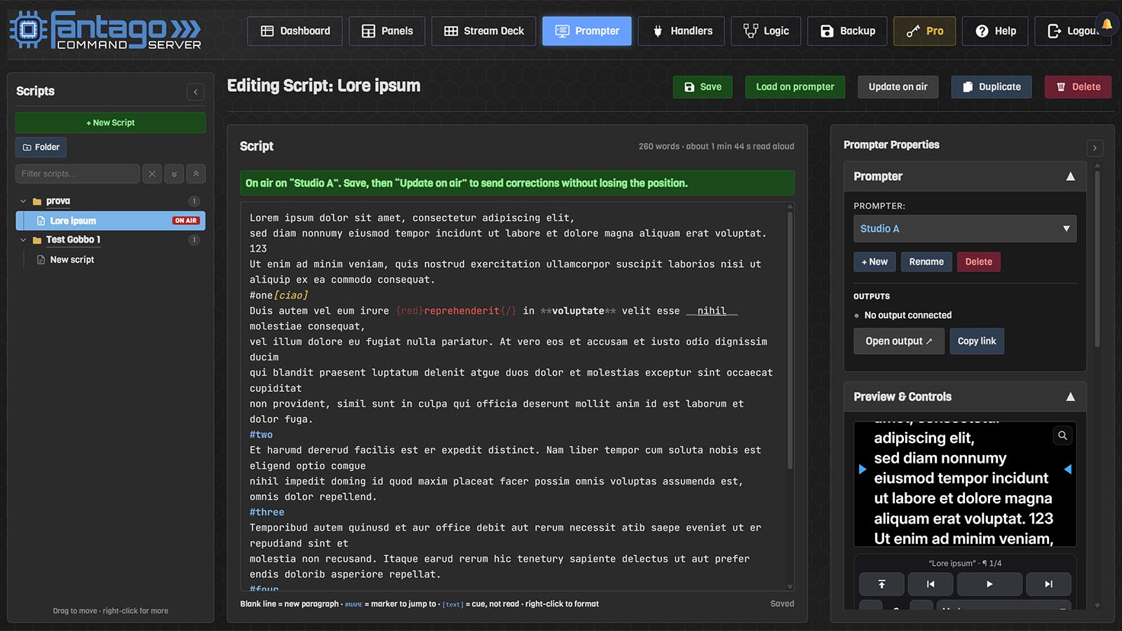 The Fantago Prompter page: script library, editor and live preview