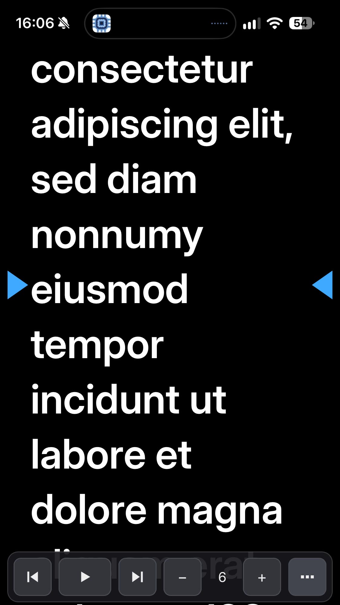An iPhone showing the prompter text full screen with the one-row control bar: previous, play, next, speed and a more button