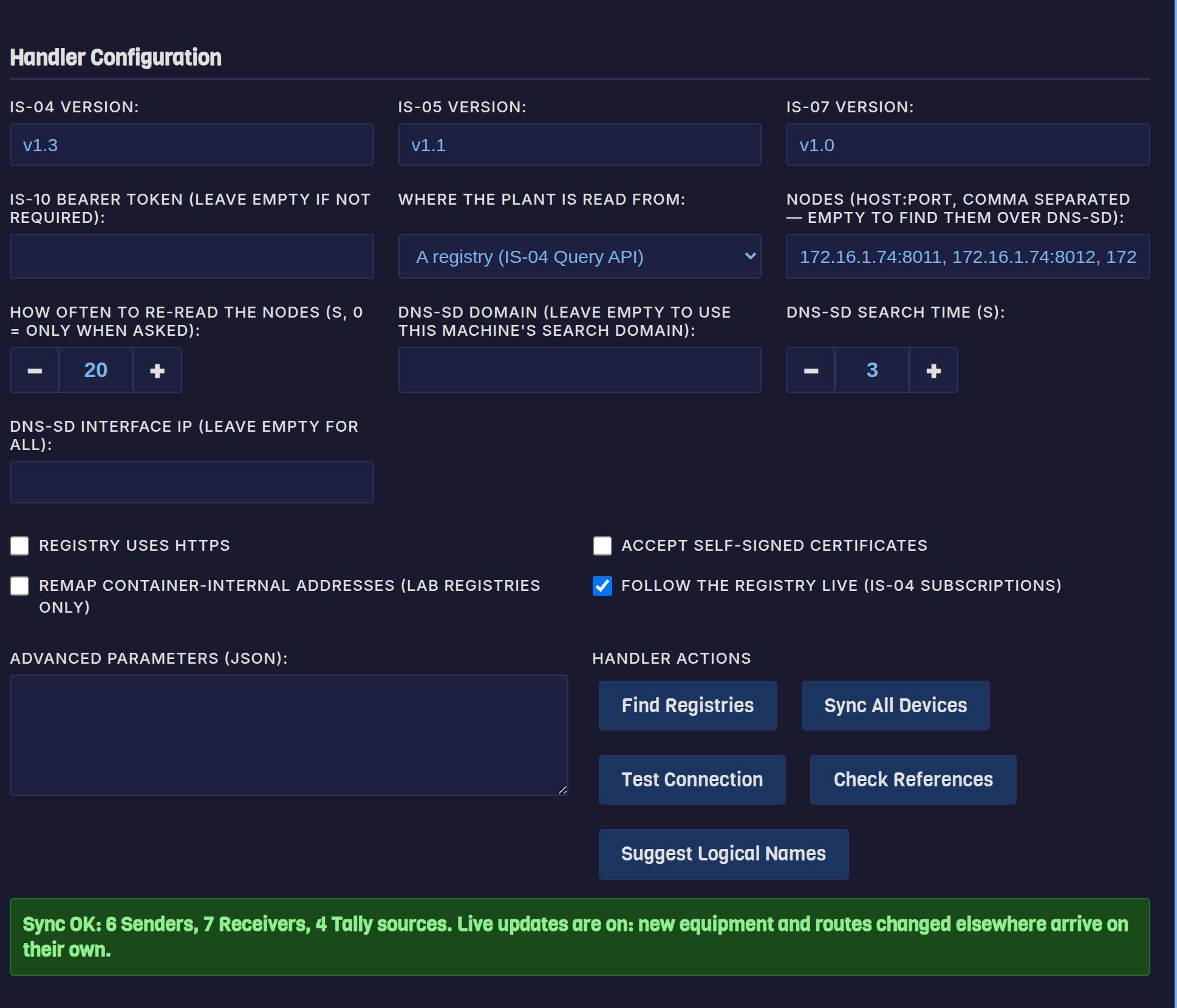 The NMOS IP Controller handler configuration in the Fantago dashboard, with the five handler action buttons and a green sync report.
