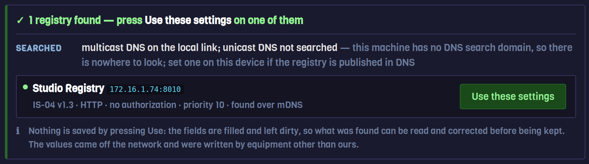 The Find Registries report listing one registry found over mDNS with its version, scheme, authorization and priority, and a Use these settings button.