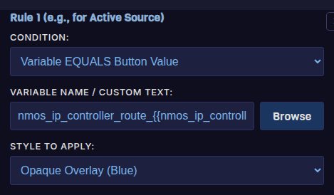 Feedback rule 1 in the Fantago panel builder: condition Variable EQUALS Button Value, the route variable, and an opaque blue overlay style.
