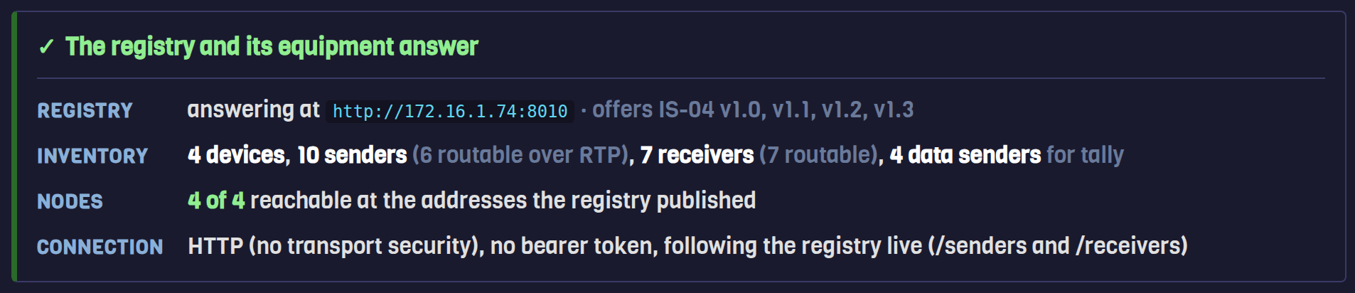The Test Connection report: a verdict line, then rows for the registry answering with its supported IS-04 versions, the inventory it holds, four of four nodes reachable, and the connection security in use.