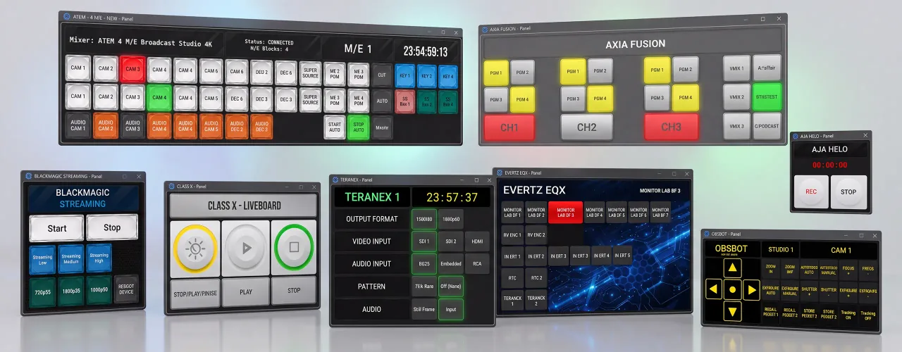 Custom virtual control panels created with the Fantago Panel Builder for live production automation