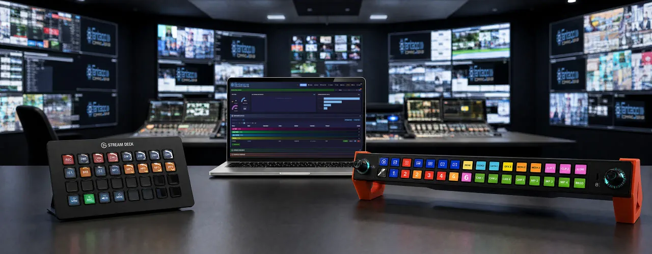 Elgato Stream Deck devices integrated with Fantago running on a PC in a broadcast control room