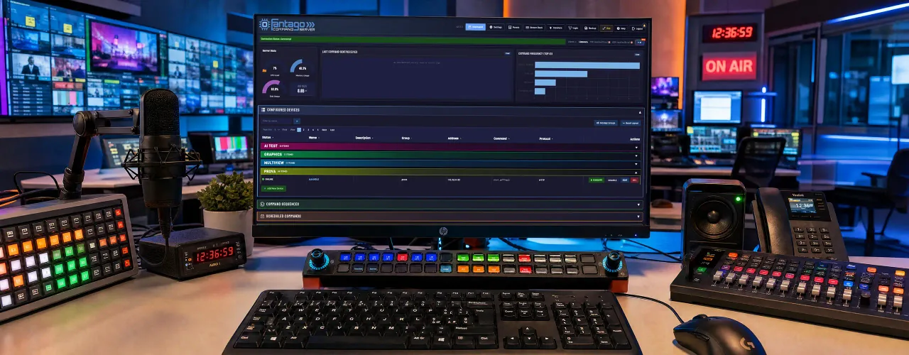 Fantago dashboard on a broadcast studio desk with Stream Deck control surfaces, microphone and audio mixer