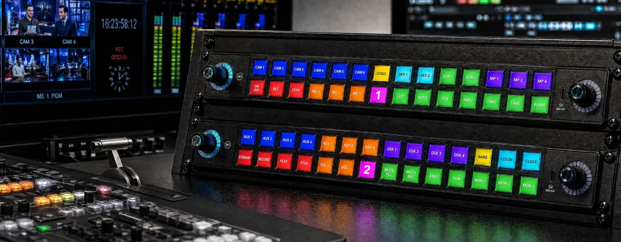 Rack-mounted Stream Deck control panels driving Fantago commands in a broadcast production gallery